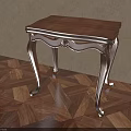 Wooden Dining Table With Carved Details Curved Legs On Parquet Floor Against Beige Wall