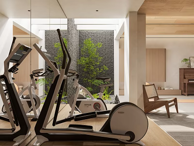 Modern Entertainment Room Featuring Treadmill Exercise Bike Wooden Accents And Natural Light 3d model