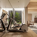 Modern Entertainment Room Featuring Treadmill Exercise Bike Wooden Accents And Natural Light