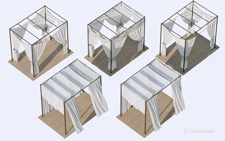White Flowy Outdoor Curtains for Gazebos with Various Designs and Wooden Floors 3d model 