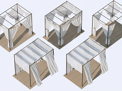 White Flowy Outdoor Curtains for Gazebos with Various Designs and Wooden Floors 3d model