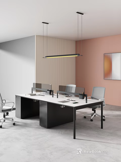 Modern Public Office Space With Open Layout Desks Dividers Ergonomic Chairs And Pendant Light 3d model 