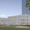 Modern School Building With Colorful Facade And Playground