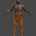 Man wearing rusted metallic armor with helmet and orange glowing eyes