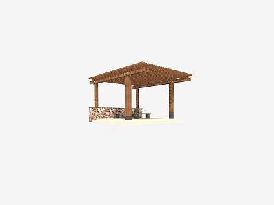 Wooden Pergola Outdoor Structure With Stone Base Support Columns And Bench Seating 3d model
