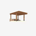 Wooden Pergola Outdoor Structure With Stone Base Support Columns And Bench Seating