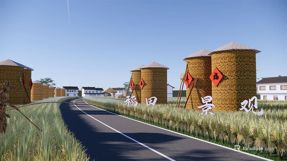 Rural Scenic Landscape With Rice Fields Road Straw Granaries Village And Fu Characters 3d model 