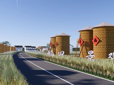 Rural Scenic Landscape With Rice Fields Road Straw Granaries Village And Fu Characters 3d model