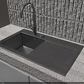 Modern Black Single Basin Kitchen Sink With Faucet On Stone Countertop Textured Tile Backsplash
