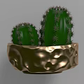 Modern Decorative Ornament Set With Green Cactus Plants In Golden Textured Bowl