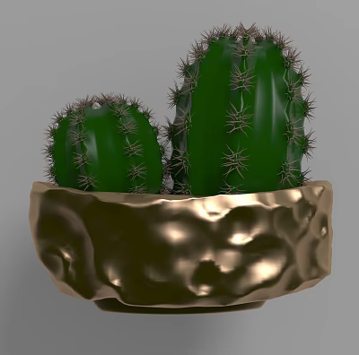 Modern Decorative Ornament Set With Green Cactus Plants In Golden Textured Bowl 3d model