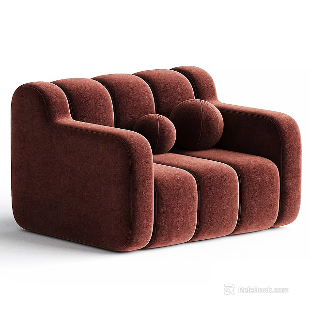 Modern Brown Velvet Single Seater Sofa With Curved Design And Comfortable Cushions 3d model 