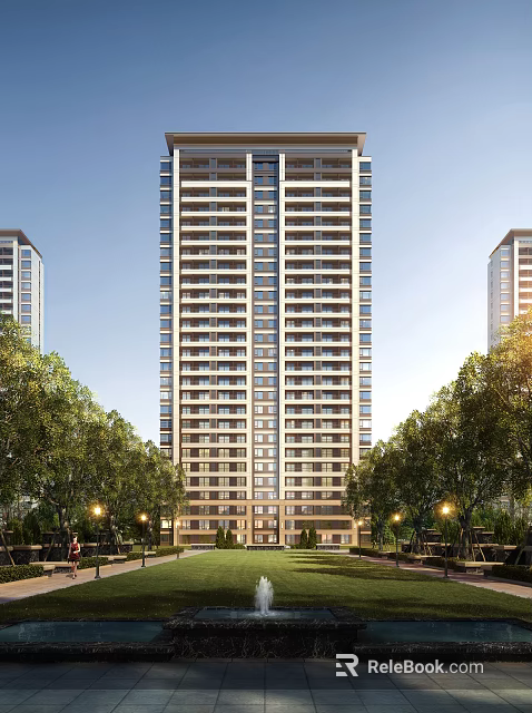 High Rise Residential Building Amid Green Trees And Lights 3d model 