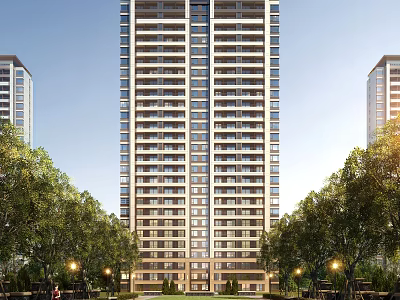 High Rise Residential Building Amid Green Trees And Lights 3d model
