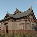 Ancient Architecture with Curved Eaves Wooden Structure and Traditional Roof in Natural Grassland