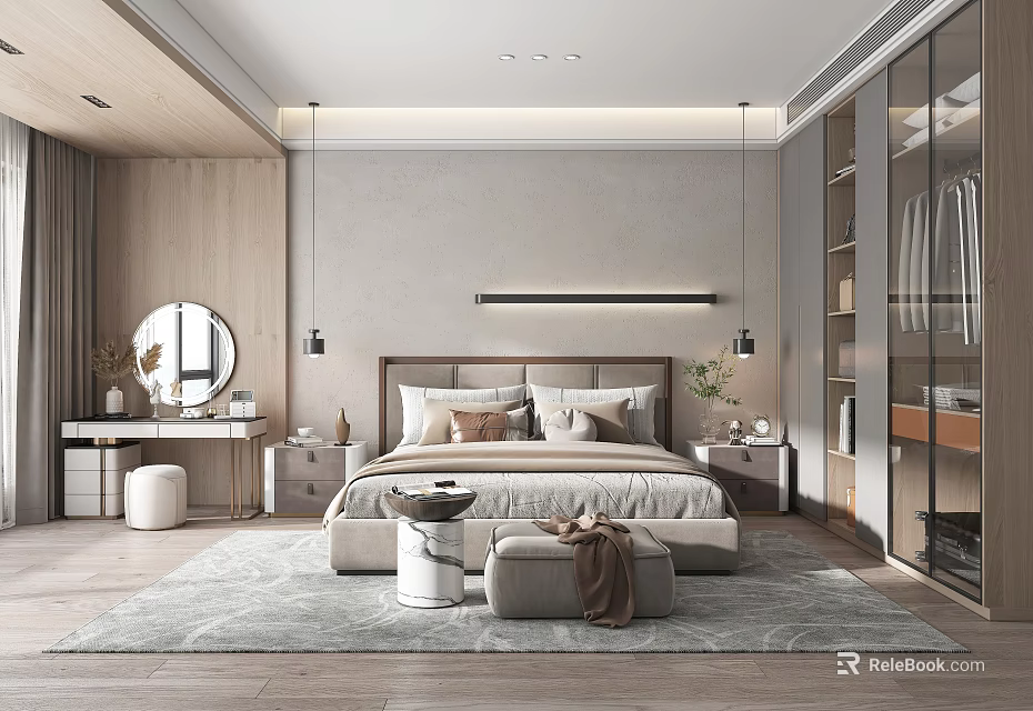 Modern Bedroom Interior with Large Bed Nightstand Round Mirror and Soft Carpet 3d model