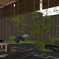 Tranquil Courtyard Garden With Wooden Walls Gravel Path Green Plants And Tea Table