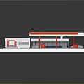 Modern Gas Station Building With Gray Roof Red Pillars And Fuel Dispensers