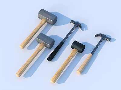 Essential Hammers With Wooden Handles And Varied Head Shapes For Daily Use 3d model