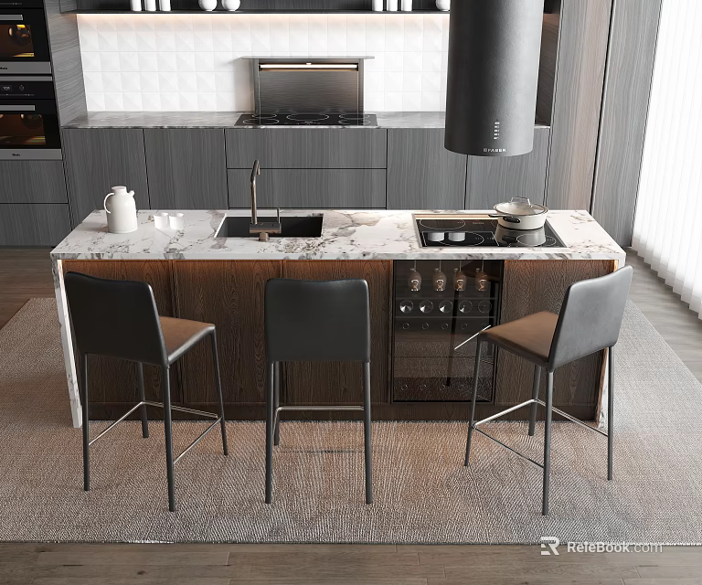 Modern Open Kitchen Interior With Marble Island Counter Black Stools Wine Rack And Cabinets 3d model 