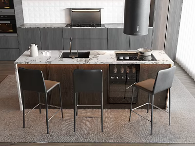 Modern Open Kitchen Interior With Marble Island Counter Black Stools Wine Rack And Cabinets 3d model