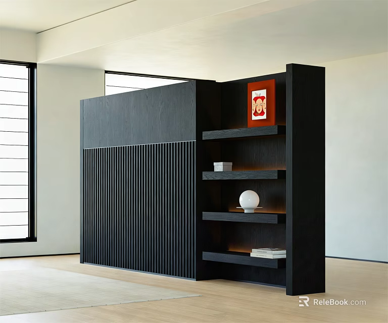 Modern Black Bookcase With Vertical Slats And Open Shelves Featuring Red Artwork White Sphere Books 3d model 