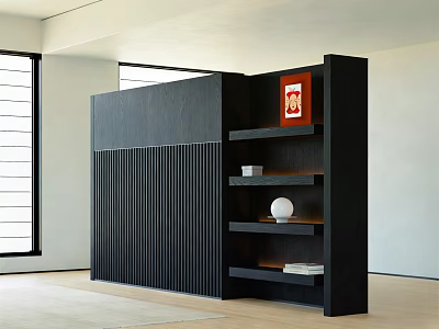 Modern Black Bookcase With Vertical Slats And Open Shelves Featuring Red Artwork White Sphere Books 3d model