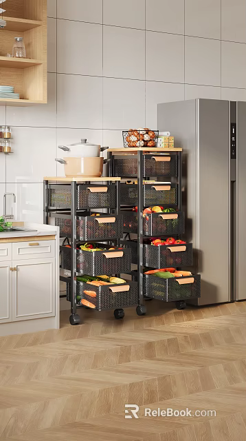 Practical Kitchen Storage Cabinets With Multiple Tiers And Wheels Wooden Handle Baskets Storing Fresh Vegetables 3d model 