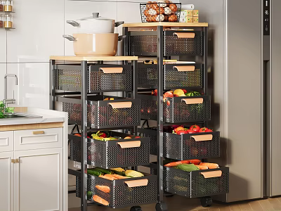 Practical Kitchen Storage Cabinets With Multiple Tiers And Wheels Wooden Handle Baskets Storing Fresh Vegetables 3d model