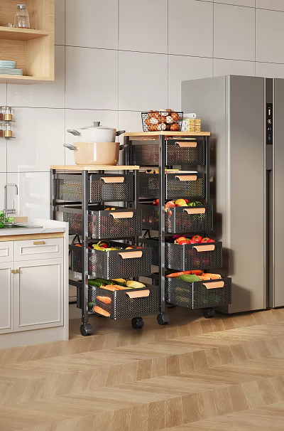 Practical Kitchen Storage Cabinets With Multiple Tiers And Wheels Wooden Handle Baskets Storing Fresh Vegetables 3d model