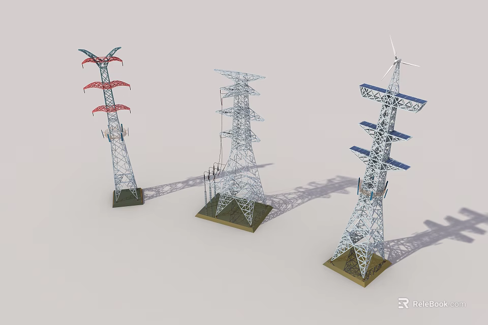 Industrial Power Transmission Towers With Diverse Structural Designs And Wind Energy Integration Features 3d model 