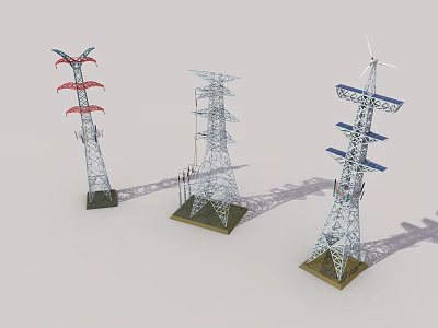 Industrial Power Transmission Towers With Diverse Structural Designs And Wind Energy Integration Features 3d model
