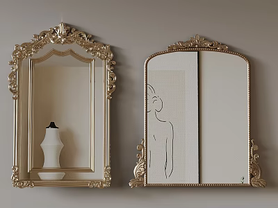 Two Gold Carved Frame Mirrors Left Reflecting White Vase Right Showing Line Drawing Painting 3d model