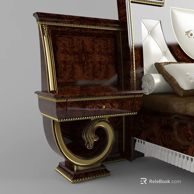 Luxurious Classic Wooden Nightstand with Gold Accents and Carved Details Beside Upholstered Bed with Pillows 3d model 
