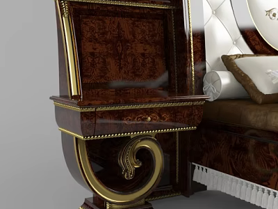 Luxurious Classic Wooden Nightstand with Gold Accents and Carved Details Beside Upholstered Bed with Pillows 3d model