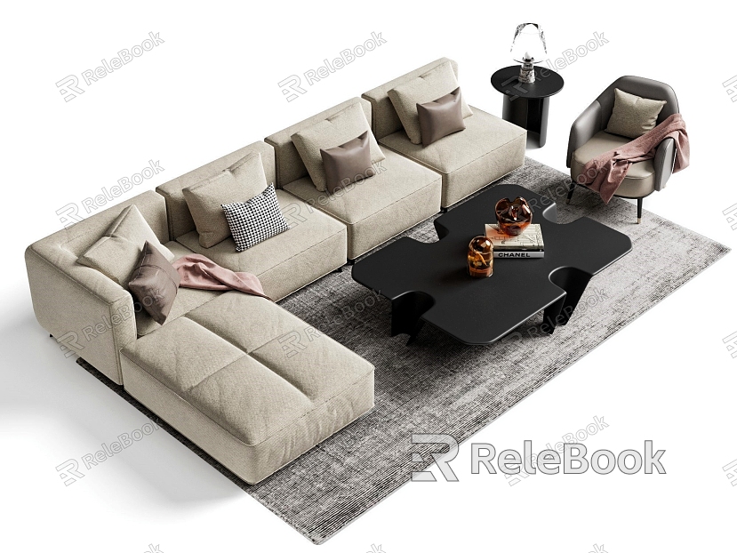 Modern Sofa Coffee Table Combination Green Plant Ornaments Fabric Sofa Coffee Table Carpet model