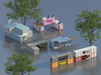 Various Container Buildings With Different Structures Colorful Exteriors And Trees Around 3d model