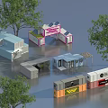 Various Container Buildings With Different Structures Colorful Exteriors And Trees Around