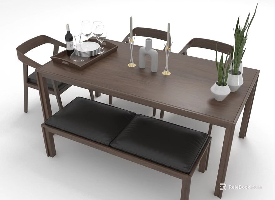 Wooden Dining Table Set With Chairs Black Cushioned Bench Wine Glasses Candles And Potted Plants 3d model 