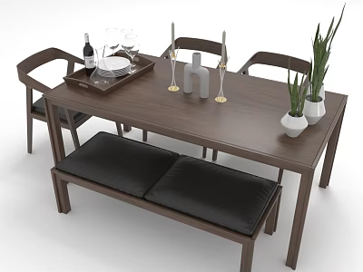 Wooden Dining Table Set With Chairs Black Cushioned Bench Wine Glasses Candles And Potted Plants 3d model