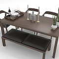 Wooden Dining Table Set With Chairs Black Cushioned Bench Wine Glasses Candles And Potted Plants