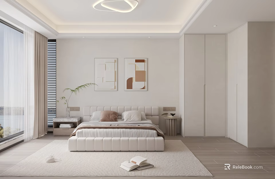 Modern Bedroom Interior With White Bed Frame Nightstands Ceiling Light And Decorative Wall Art 3d model 