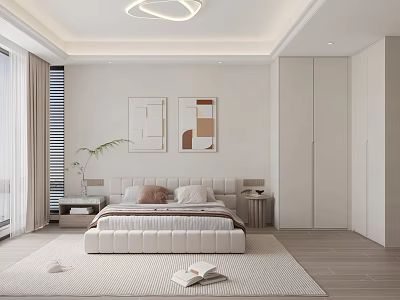 Modern Bedroom Interior With White Bed Frame Nightstands Ceiling Light And Decorative Wall Art 3d model