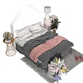 Double Bed House Shaped Headboard Gray Pink Bedding Side Table Lamp Potted Plant Rug Toys