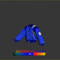 Stylish Blue Jacket With Zipper Closure And Striped Sleeves Displayed On Colorful Circular Platform