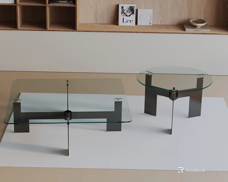 Modern Glass Top Coffee Table Set With Rectangular And Round Metal Leg Design 3d model 