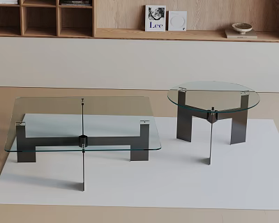 Modern Glass Top Coffee Table Set With Rectangular And Round Metal Leg Design 3d model