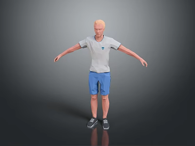 3D Character In Gray T Shirt Blue Shorts Sports Shoes Standing With Arms Outstretched 3d model