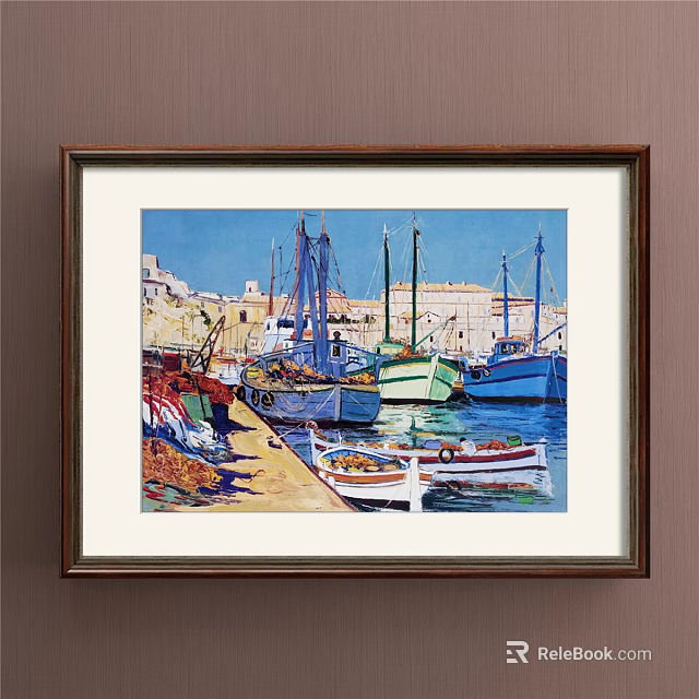 Colorful Harbor Landscape Painting With Boats Dock And Coastal Buildings Under Blue Sky 3d model 