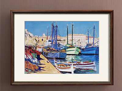 Colorful Harbor Landscape Painting With Boats Dock And Coastal Buildings Under Blue Sky 3d model